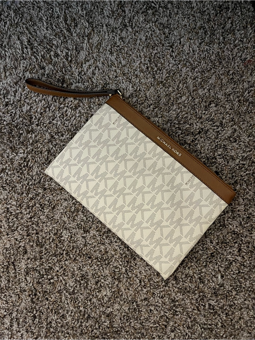 Michael Kors Cream Logo Wristlet with Brown Trim